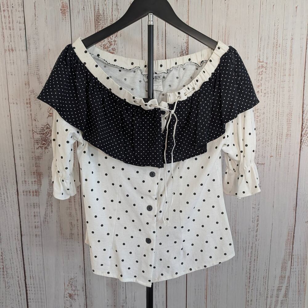 Vintage Remix Blouse 14 White Black Polka Dot Off Shoulder Ruffle Peasant USA
